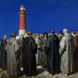 worshippers in robes belonging to the cult of the lighthouse, high detailed Beksinski painting, part by Adrian Ghenie and Gerhard Richter. art by Takato Yamamoto. masterpiece, deep colours, blue