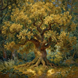 a small giant oak tree nestled in a forest, studio lighting, golden ratio, details, masterpiece, fine art, intricate, decadent, ornate, highly detailed, digital painting, octane render, ray tracing reflections, 8 k, featured, by claude monet and vincent van gogh