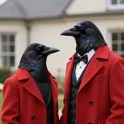 2 Crows wearing a red formal overcoat, hyperrealistic, concept art, octane render, unreal engine 5, trending on DeviantArt, highly detailed, high quality, 8K, soft lighting, cute, natural lighting, realistic face, trending on Artstation, elegant clothes, profile picture, path traced, house background