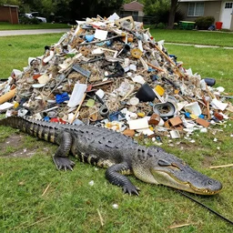 one large alligator on a leash sleeping next to a very large mound of trash, papers, junk, and metal parts in a suburban yard