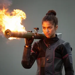 zendaya firing a shoulder mounted rocket propelled grenade