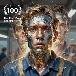 the frightened face factory worker, liquid metal, hyperrealistic painting, figurative art, multiple exposure, poster art