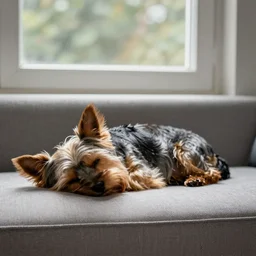 a yorkish terrier sleeps on a couch below a window