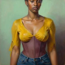 detailed portrait in femininity, ethnic, realistic face sculpted features, statuesque model, modern fashion, corset blouse and jeans, warm glow, supple, bathed in light, chiaroscuro, specular highlights, angular impressionism, radiosity, natural color scheme, mustard yellow, plum, pea green, deep rich tones, contemporary art, oil on canvas