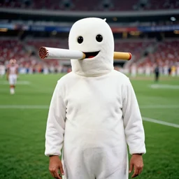 a man in a cigarette mascot costume. cigarette mascot in a football field. 5 0 mm photograph