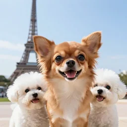 a photorealistic closeup image of a cute brown colored long haired chihuahua cocker spaniel dog with a happy white bichon frise dog in paris in front of the eiffel tower. brightly lit. extreme detail. 4 k hd unreal engine