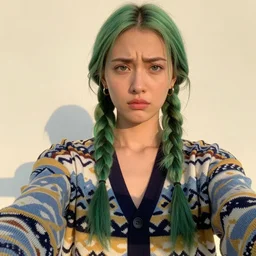 full body shot photo of a female model in her twenties, braided green hair, wearing a designer cardigan, looking troubled, photo realistic, extreme detail skin, natural beauty, no filter, slr, golden hour, 4 k, high definition, selfie