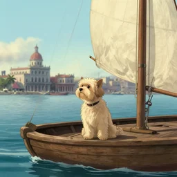 havanese dog sailing on top of a wooden boat from 1 9 0 0, looking out to the see, leaving the port at havana, 1 9 0 0, tartakovsky, atey ghailan, goro fujita, studio ghibli, rim light, mid morning lighting, clear focus, very coherent