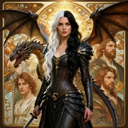 sargent, leyendecker, greg hildebrandt highly detailed portrait of a woman with long black and white hair, dragonrider, stephen bliss, unreal engine, by greg rutkowski, loish, ferdinand knab, ilya kuvshinov, rossdraws, tom bagshaw, alphonse mucha, global illumination, radiant light, detailed and intricate environment