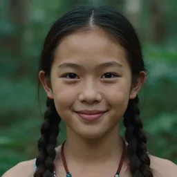 an ultra - high - resolution close - up of julia roberts cosplay as a 1 8 years old asian woman from the tai tribe in a lush green forest. photo from the front. a cute and beautiful woman is smiling and has eye contact with the camera. the face is clear and symmetrical. the light is dim, and the colors are muted. kodak etkar 1 0 0.