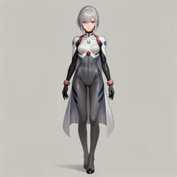 woman ; silver hair ; violet eyes ; muted colors ; scientist ; ; wearing bodysuit ; drawn by mengo yokoyari and artgerm ; digital art ; high detail ; trending on artstation ; full body