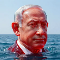 a giant human head sculpture looking like banjamin netanyahu in the sea made out of juicy and transparent red jelly, long shot, hyper detailed, hyper realistic, ray tracing, 8 k resolution, sharp focus, realistic water, award winning