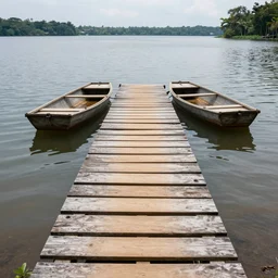 primitive wooden dock on a lake coast with primitive rowboats in it