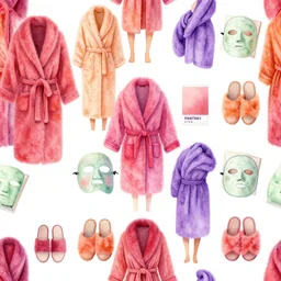 arrangement of fluffy robe, spa mask, green facial scrub mask, fluffy slippers, illustration, vector art, detailed, repeating, seamless, tileable, colors are pantone 2 7 6 c and raspberry and orange and pantone glowing purple and muted red, avantika subramanian, deepak yadav, abbey holden, erin stein, peter mohrbacher, boris vallejo, jessica rossier
