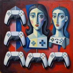 intricate five gaming console by pablo picasso, oil on canvas, hdr, high detail, photo realistic, hyperrealism, matte finish, high contrast, 3 d depth, centered, masterpiece, vivid and vibrant colors, enhanced light effect, enhanced eye detail, artstationhd