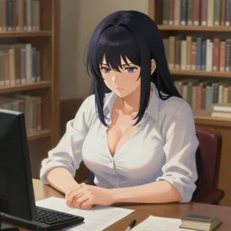 a very chesty anime woman wearing low cut shirt sitting at a desk in a library, a detailed painting by zhou jichang, trending on pixiv, fantasy art, official art, detailed painting, anime