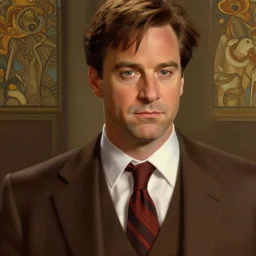 close up of dwight schrute wearing a brown suit and necktie, focus, d & d, intricate, elegant, highly detailed, digital painting, artstation, concept art, matte, sharp focus, illustration, hearthstone, art by artgerm and greg rutkowski and alphonse mucha