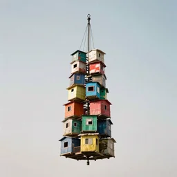 a suspending tower made up of colourful makeshift squatter shacks, mamiya, 8 5 mm, f 1. 7, uniform plain sky, digital glitches, photographed by tim walker and julie blackmon