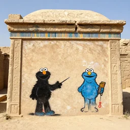 banksy graffiti on cursed ancient egyptian tomb, sesame street 1 9 7 8