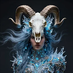 wind of change, portrait from bottom to top by jessica oyhenart in crown made of ram skull, bioluminiscent, plasma, ice, water, wind, creature, super intricate ornaments artwork by tooth wu and wlop and shofff and greg rutkowski