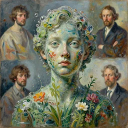 a full body sculpture portrait made of water drops and bubbles and plants and flowers, painting part by wojciech siudmak, part by ilya repin, part by max ernst, part by norman rockwell, artstation