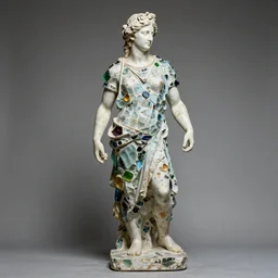 “Apollo statue made of pieces of huge pieces of colored glass, detailed but rough, 4k photo, great light and shadows”