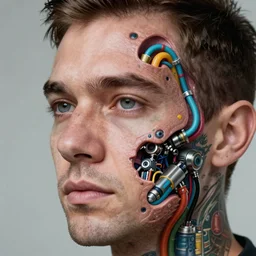 portrait photo of a man with his face tattooed with a 3 dimensional hole in the skin with multicolored tubes and robotic mechanics inside under the skin, insanely integrate,