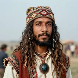 Khajiit caravanner, portrait, 1960's, Summer of Love