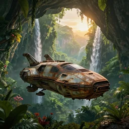 a rusty and dirty sci - fi vehicle floating in a prehistoric jungle cave, lush flora, waterfall, mountains, flowers, vines, sunset, hazy, volumetric lighting, rtx on, photography, beautiful, stunning, ultra - detailed