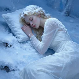 character concept portrait, sleeping blonde woman in a white gown, closed eyes, covered in snow, frost, and ice, style digital painting, winter blue cold colors pallet, concept art, smooth, sharp focus, illustration by ruan jia and mandy jurgens and william - adolphe bouguereau, artgerm