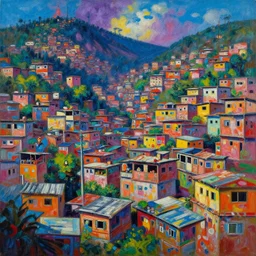 brazilian favela, fantastic characters in the scene, epic cyberpunk, lofi vibe, colorful, vivide colors, amazing light, really beautiful nature, oil painting, by jeremy lipkin, by beksinski and dan mumford, kandinsky touches, multiple brush strokes, inspired by ghibli, masterpiece, beautiful