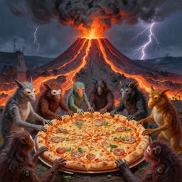 masked!! creatures!! grabbing!! for a large pizza!!!. in the background is a volcano spewing lava and black smoke, streams of glowing hot lava, flashes of lightning in the distance. wide angle, long shot, an ultrafine detailed painting by joe fenton, deviantart, pop surrealism