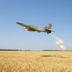 mig 2 1 flying over a wheat field and realising flares 4 k photo realistic
