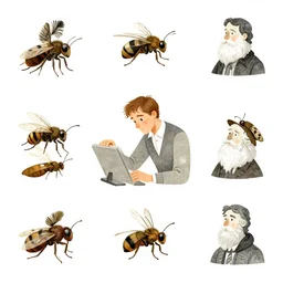 illustration, man, working, insects, by william blake, by todd schorr, by mark ryden, by john tenniel, by james jean, vector icon