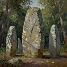runestone, monument, megalithic, oil painting, nature, trees, forest