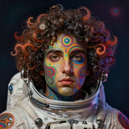 A curly-haired persian guy ,An extremely psychedelic experience, colorful, surreal, dramatic lighting, cosmonaut, LSD, face, detailed, intricate, elegant, highly detailed, digital painting, artstation, concept art, smooth, sharp focus, hyper detailed, rich deep colors, Masterpiece, Beksinski painting, Created by Sam Spratt, Sam Mumford, Artem Demura and Alphonse Mucha