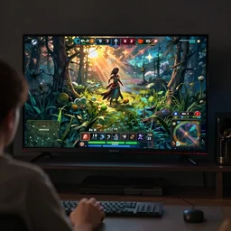 a person watching dota on a tv in the middle of a swamp