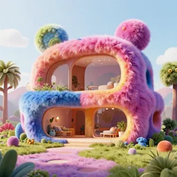 detailed architectural render of a futuristic home furry fuzzy muppets shape colorful hairy surreal atmosphere inspired by postmodernism hyperreal hyperdetailed 3 d samaritual 8 k real engine