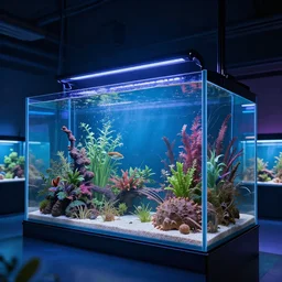 Aquarium with large fish tanks, digital art, dynamic lighting, 4K