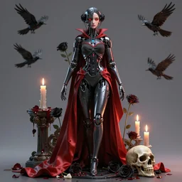 full-body cyberpunk style sculpture of a young beautiful dark priestess, half android with a head opening exposing circuitry, glowing red eyes, black roses,  flowing blood-red colored silk, fabric, candles. baroque elements, human skull. full-length view. baroque element. intricate artwork by caravaggio. crows flying in  background. Trending on artstation, octane render, cinematic lighting from the right, hyper realism, octane render, 8k, depth of field, 3D