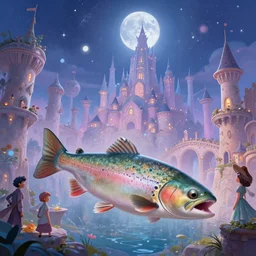 stunning fantasy scene of a trout in otoh gunga city | highly detailed | very intricate | disney | otoh gunga city | otoh gunga city | dramatic romantic epic breathtaking whimsical magical | bokeh moon stars | professional cinematic lighting award winning | painted by marc simonetti, anton fadee, paul lehr, rhads, alena aenami | pastel color palette | featured on artstation