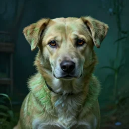 homeless abandoned stray dog with very sad smart eyes, in the style of jmw turner, solarpunk, exact anatomy, atmospheric, clean, intricate and epic composition, green by caravaggio, insanely quality, highly detailed, masterpiece, blue light, artstation, 4 k