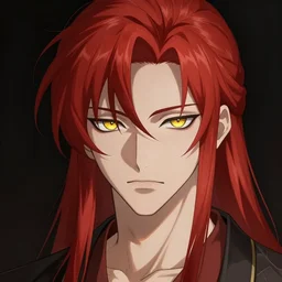 portrait of hisoka hunter hunter, male, thin pursed lips, sharp jaw yellow iris very narrow very tiny evil eyes red hair soft hair swept back crimson medium length hair, anime, fantasy, intricate, elegant, highly detailed, digital painting, artstation sharp focus, hunterpedia madonna art by artgerm and ruan jia and ross tran