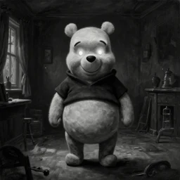 painting of winnie the pooh with [ [ [ glowing white eyes ] ] ] standing creepily in the middle of the room, creepy, dark atmosphere, photorealistic, highly detailed, hd, trending on artstation, black and white