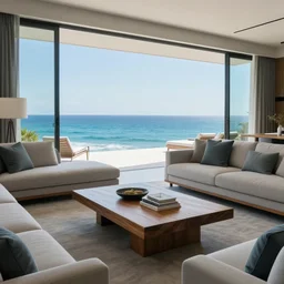 A modern living room in a ocean hues style, inspired by the ocean, big Terrace overlooking the ocean, luxurious wooden coffee table, calm, relaxed style, harmony, wide angle shot, 8k resolution