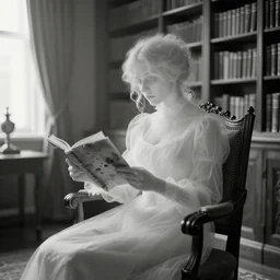 long shot, monochromatic photography of an eerie see - through ghost of a victorian woman reading in a chair, in a well - lit library room, crumpled torn photograph with marks, 2 4 mm, 8 k