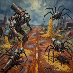 painting of turbid rusted noodle roads with filth coated 1 9 7 0 foveated mech weaponized dangerous collisions, spider legs flying from computer weapons, vivid, dystopia, fine art, cinematic, highly detailed, by shigeru komatsuzaki