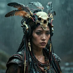 portrait of a cyberpunk tribal woman, ornate headdress with cables feathers and bones, blade runner, rain, scifi, gritty realism, movie still,