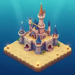 underwater ariel's castle isometric 2. 5 d game level, myvmk, with detailed sand, clean, lanterns, disney, toon shader, arnold maya render, cycles, artgerm, artstation by miha rinne
