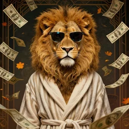portrait, anthropomorphic lion, striped bathrobe, curly hair, electric sunglasses, surrounded by floating autumn dollar bills, fantasy, detailed, intricate, luminescent, elegant, coherent, by mandy jurgens, hannah yata and kay sage, donato giancola, detailed, artstation, cinematic lighting, artdeco, art deco outrun aesthetic